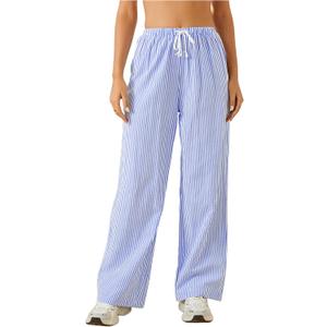 Women's Striped Print Straight Wide Leg Linen Pants Drawstring Waist Slant Pockets Pants Casual Long Pants (Blue, XL)