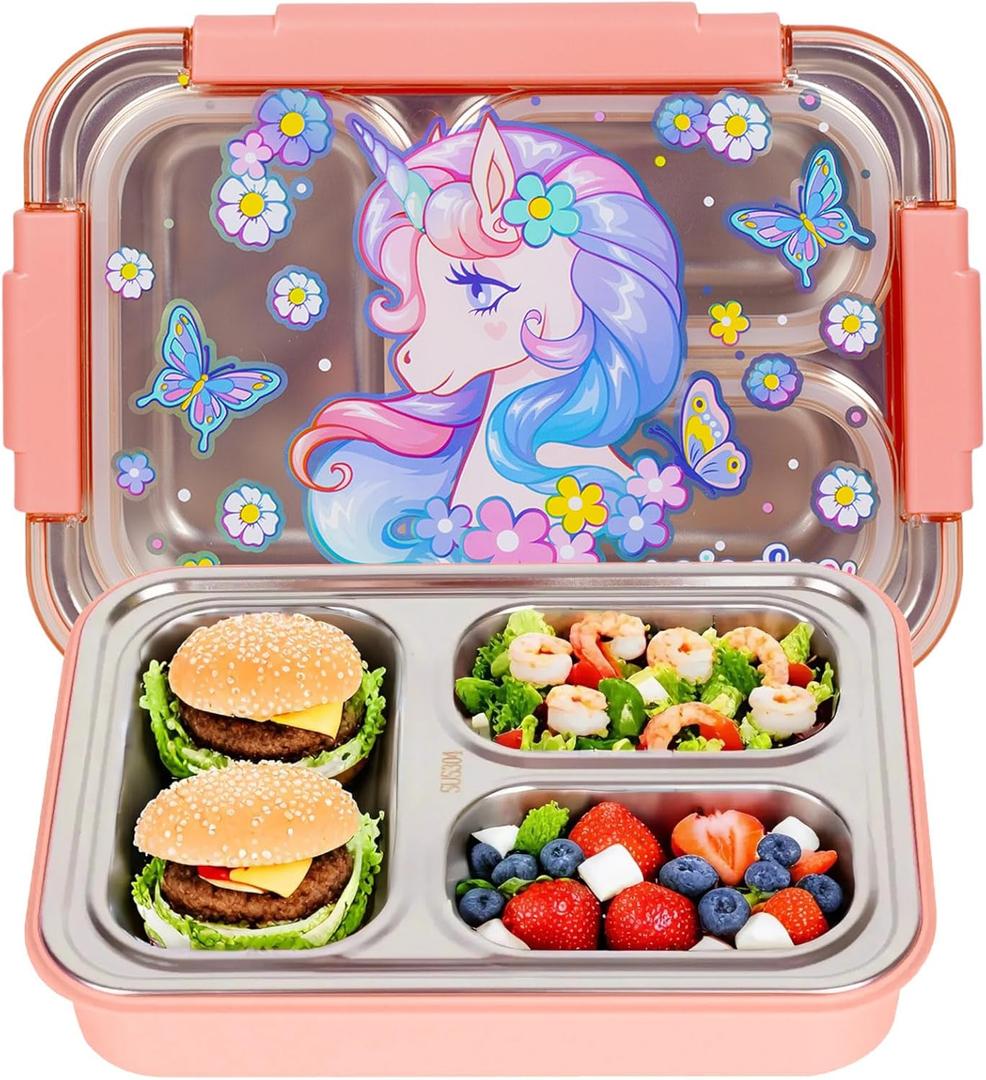 Stainless Steel Bento Lunch Box for Kids, 710ml/23.5oz BPA-Free Leak-Proof Food Containers with 3 Compartments, Back to School Students Daycare Lunches Snack Container Size for Ages 3-7