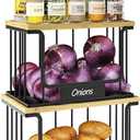 2 Set Potato and Onion Storage Bin with Metal Base, Stackable Produce Basket with Bamboo Top & Tag, Pantry Organizers and Storage for Kitchen Countertop Cabinet Organization (Black, L+XL)