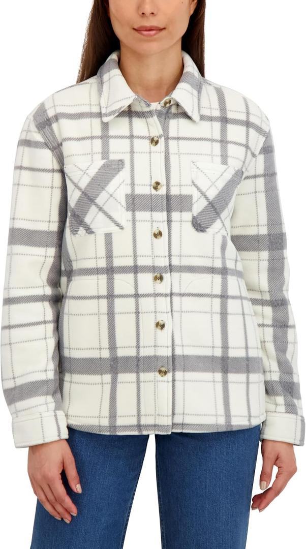 HFX Women's Button Down Plaid Fleece Shacket With Bonded Sherpa Lining, Dual Chest Pockets S