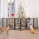 Vantas Folding No-Assembly Metal Pet Gate 120" Wide, 32" Extra Tall Dog Gate with Door Walk Through, Freestanding Accordion Puppy Gate Dog Door for Indoor & Outdoor, with 2PCS Support - Black