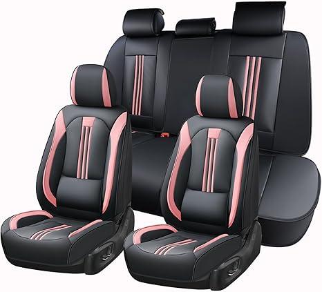 Huidasource Seat Covers, Nappa Leather Car Seat Cover with Lumbar Support, Ventilation Holes, Velcro Adjustable, Airbag, Full-Coverage Seat Covers, Universal Fit for Most Cars SUV Trucks, Black＆ Pink