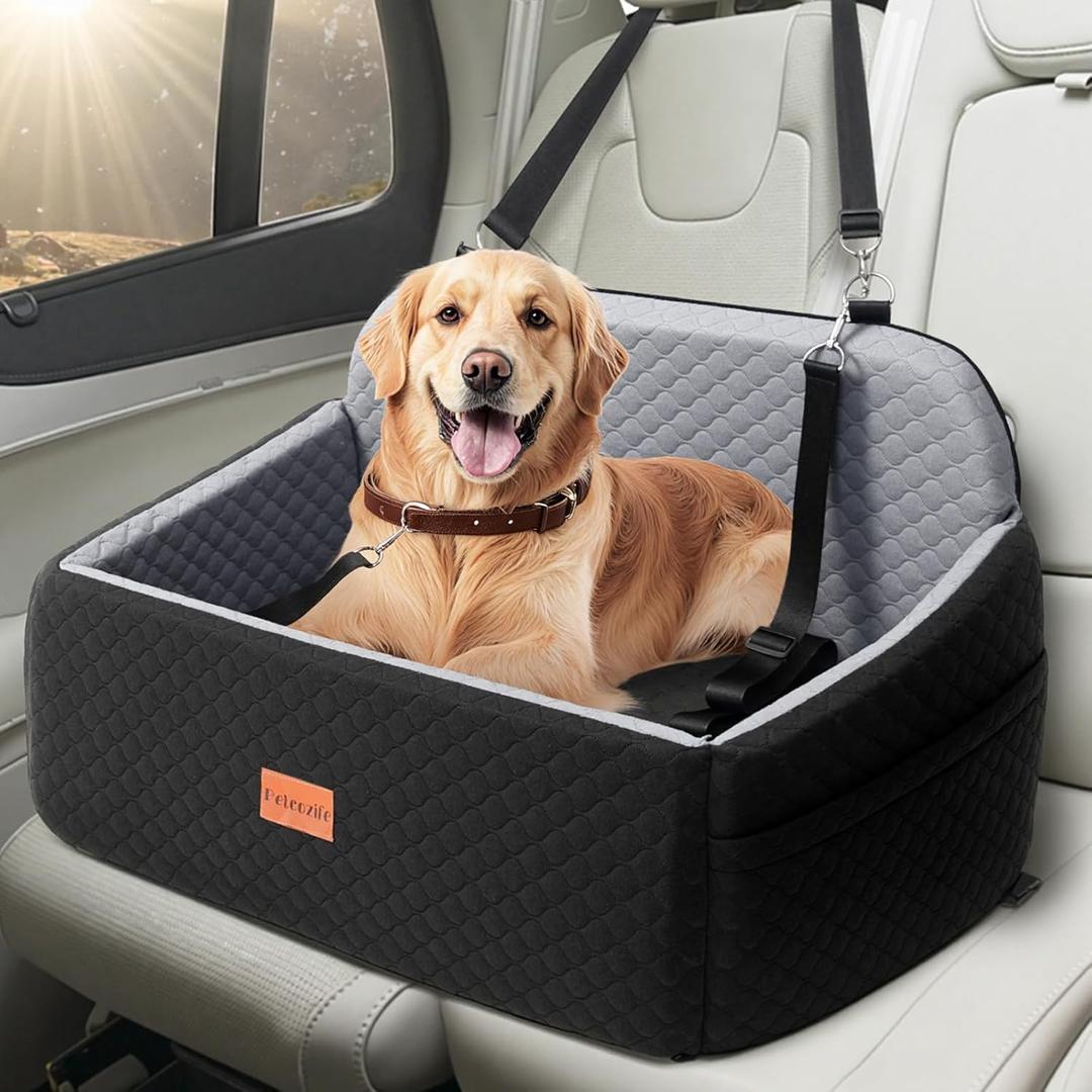 Dog Car Seat for Large Medium Dogs, Pet Car Seat Under 55 lbs or 2 Puppies, Removable Washable Pets Travel Booster Bed for Automotive Backseat with Comfy Thick Cushion, 2 Safety Leashes(Large, Black/Gray)