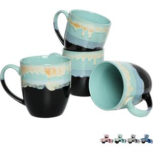 Bosmarlin Ceramic Coffee Mug Set of 4, 17 Oz, Coffee Cups with Big Handle, Microwave Safe, Unique Reactive Glaze(17 Oz, Pastel Blue)