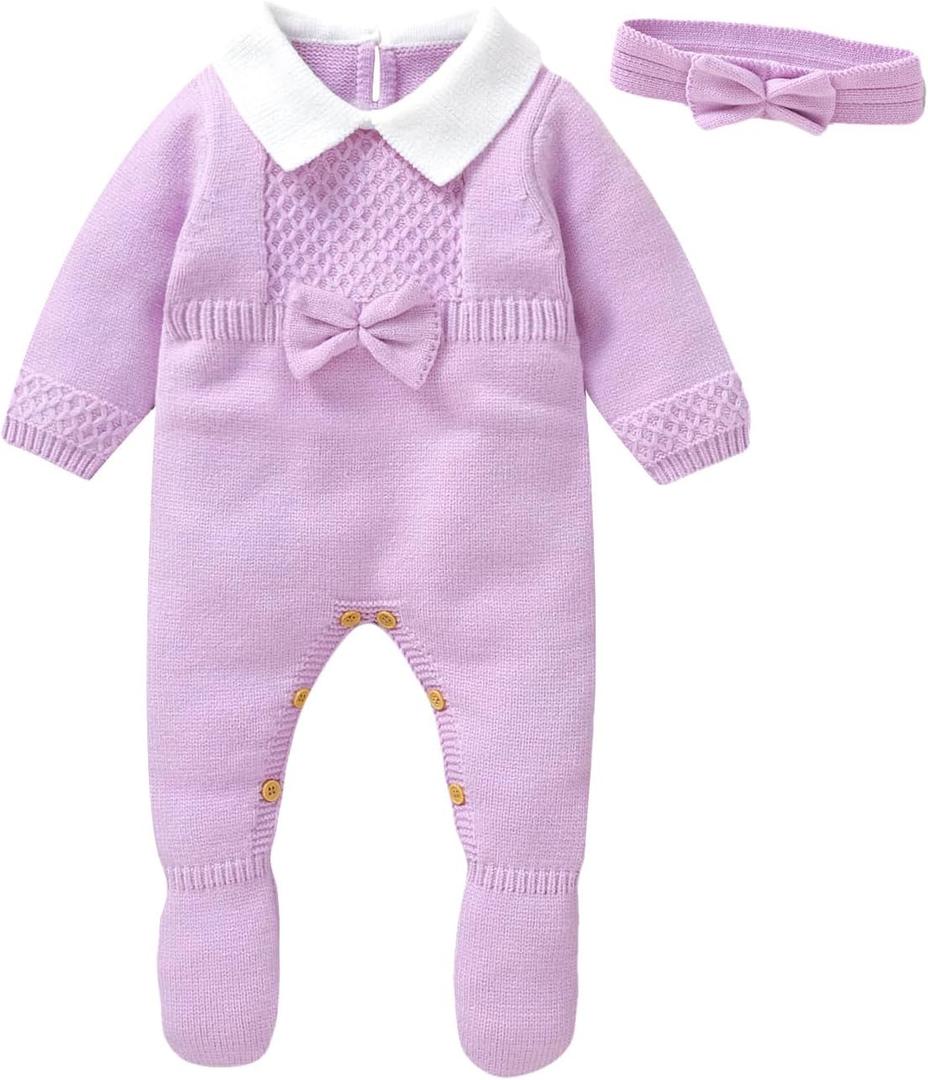Hadetoto Newborn Baby Sweater Romper Knit Outfits Long Sleeve Jumpsuit with Warm Hat for Infant Boy Girl (0-1 Months/59, Purple-footie)