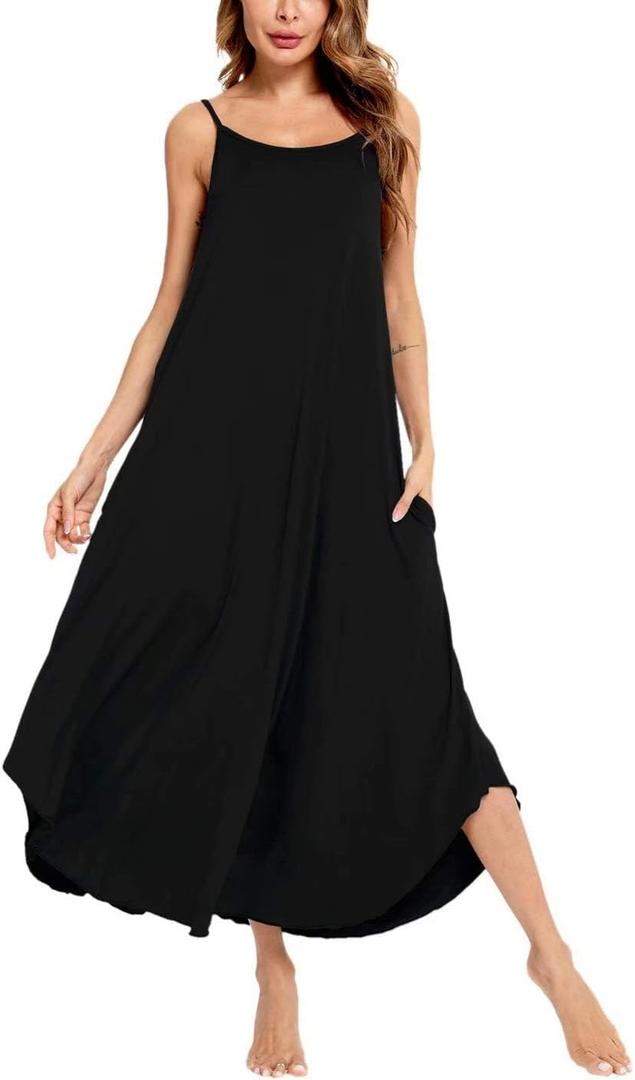 SWOMOG Women Long Nightgown Pajama Dress Soft Strap Nightdress Summer Sleeveless Nightshirt Lounge Dress with Pockets (X-Large, Black)