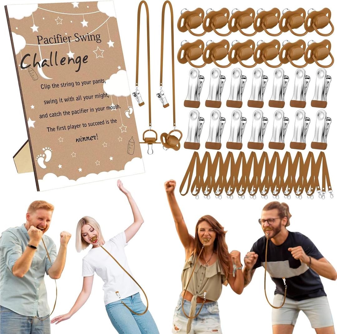 Geelin 12 Sets Swing Pacifier Baby Shower Games Funny Gender Reveal Games, Include 1 Wooden Sign and 12 Plastic Pacifiers for Bridal Baby Shower Gender Reveal Party Women Men(Star, Brown)