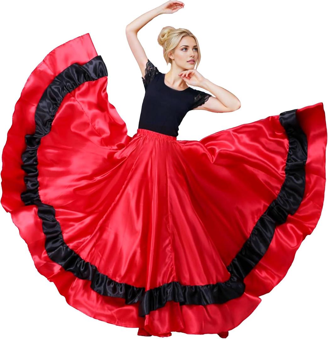 Dance Skirt for Women, Flamenco & Belly Dance Skirt, Long Satin Spanish Folk Costume, Halloween Costume, Red with Black