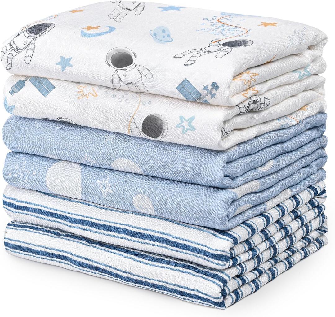 GLLQUEN BABY Receiving Blanket Boy Cotton Muslin Swaddle Blankets Girl Newborn Squares Breathable & Soft Thin Baby Blankets Cloths Double Absorbent Infant Swaddling Wrap - 6 Pack (Blue Astronaut)