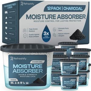 Premium Moisture Absorbers and Dehumidifier Tubs High-Efficiency Closet Dehumidifier and Dehumidifier for Car, Odor Control Charcoal, 12 Pack, 7.5 Oz