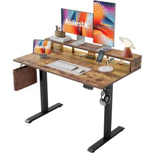 Electric Height Adjustable Standing Desk with Power Outlet and LED Light Strip, Sit to Stand, Ergonomic 48x24" Rising Desk with Memory Presets, Home Office Workstation, Computer Gaming Table, Brown