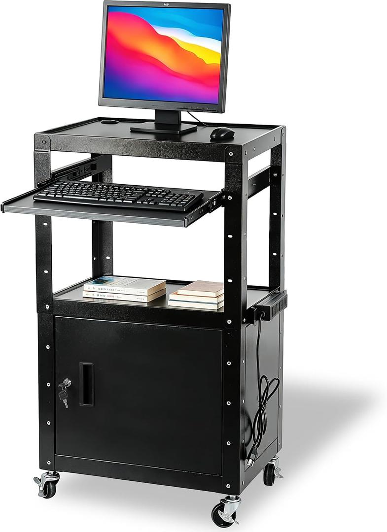 AV Cart with Wheels and Power, Locking Cabinet and Keyboard Tray 18"D x 24"W x 42"H