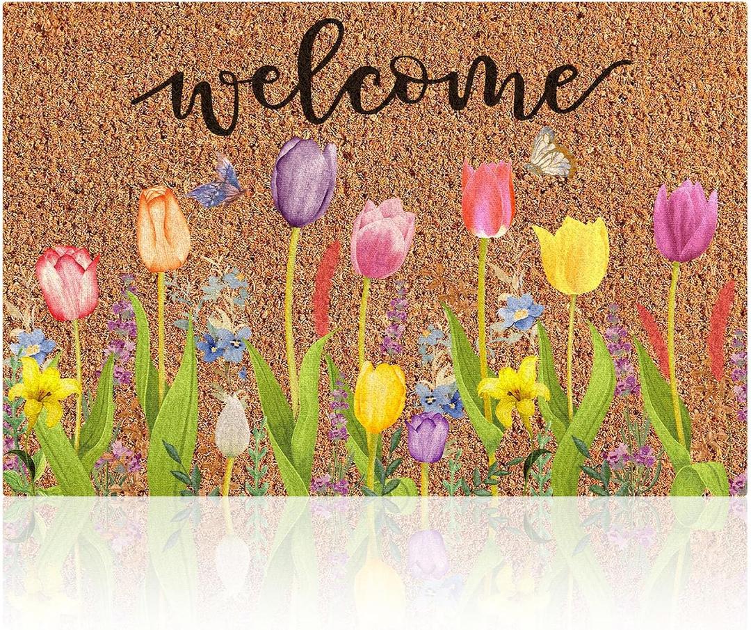 Ceenna Spring Welcome Doormat Outdoor Spring Coir Door Mat Flowers Butterfly Front Door Mat Indoor Non Slip Floral Front Porch Rugs for Home Entrance Decoration, 16 x 24 Inch