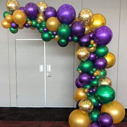 PartyWoo Purple Gold and Green Balloon Arch Kit Garland 140pcs Different Sizes of 18 12 5 Inch Pearl Purple Gold Green Confetti Balloons for Mardi Gras Carnival Masquerade Birthday Party Decorations