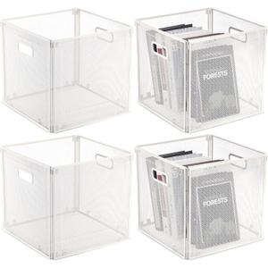 Funnymoom 4 Pcs Foldable Metal Wire Basket 13 x 13 Inch White Cube Storage Bins Stackable Wire Laundry Baskets Organizer with Handle for Shelves Pantry Cabinet File Graduation Gift