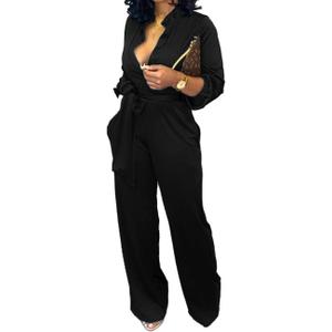 Jumpsuits For Women Elegant V Neck Long Sleeve Sexy Stand Collar Button Down Straight Long Pants Business Rompers With Pockets Waistband 3XL