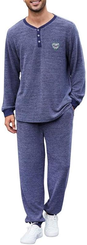 U2SKIIN Mens Henley Collar Pajama Set Long Sleeve Pajamas for Men loungewear Casual Sleepwear Pjs Set (Blue, XXL)