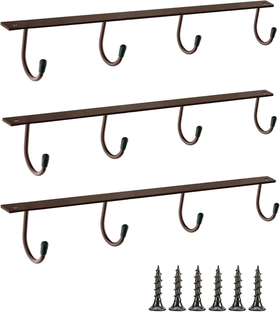 Mugs Hooks 3 Pcs Mug Holder Under Cabinet Coffee Hooks for Mugs Iron Hanging Mug Rack Under Shelf Kitchen Dining Bar Organizer Rack - Bronze (15.7In)