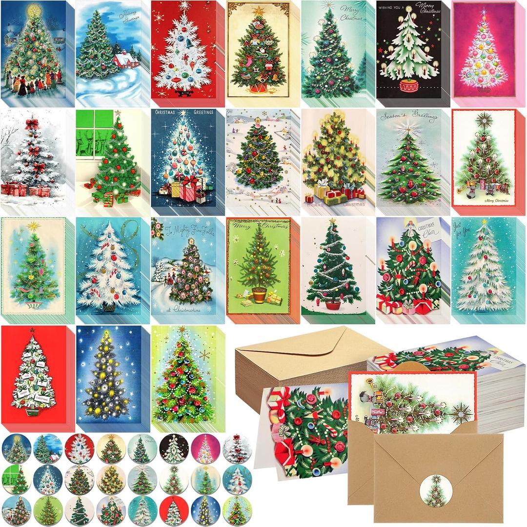 Tenceur 24 Sets Christmas Tree Cards with Envelopes Set Christmas Greeting Cards Bulk Happy Holiday Postcards for Winter Season Gift Xmas New Year Party Favors, 24 Designs