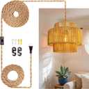 Hanging Light Ceiling Lamp Pendant Lights Rattan Hanging Lamp with Plug in Cord for Living Room Bedroom Kitchen Indoor Hanging Lamp Plug in Woven Lampshade