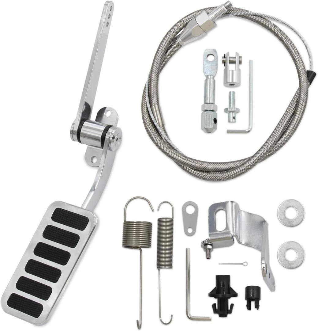 Universal Polished Aluminum Throttle Pedal, 2" x 4-1/2", Includes Stainless Steel Braided 36" Throttle Cable Kit with 24" Sleeve and Cable & Carb Bracket