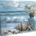 Blue Ocean Beach Bathroom Canvas Wall Art Starfish with White Flower Coastal Picture Wall Decor Seascape Poster Seaside Seashell Painting Print Artwork for Living Room Bedroom Restroom, Framed (16L''x12W'')