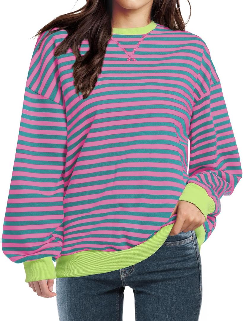 Women Striped Oversized Sweatshirt Long Sleeve Crewneck Shirt Fall Fashion 2025 Pullover Top Preppy Y2K Clothes (Large, Pink)
