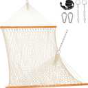 Lazy Daze Hammocks Double Rope Hammock, 2 Person Traditional Outdoor Hand Woven Cotton Rope Hammock with Spreader Bar, Carabiners, Tree Straps, Chains for Patio Yard - Max 450 Lbs, Natural
