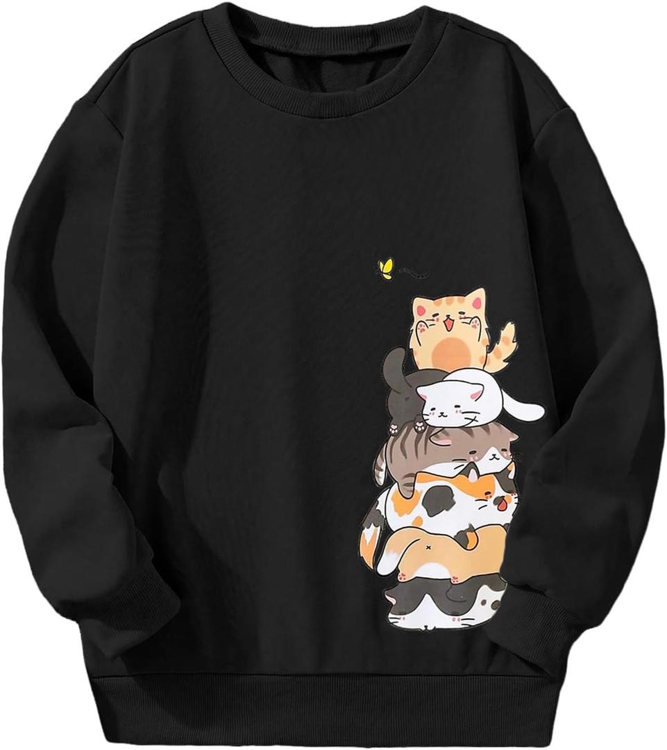 Girl's Cartoon Graphic Long Sleeve Crewneck Sweatshirts Drop Shoulder Cute Pullover Tops T Shirt (Black)