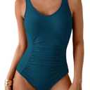 2 x Aidonger One Piece Swimsuit Tummy Control Bathing Suit for Women Ruched Slimming Swim Suit Modest Push Up Swimwear Peacock Green (Blue, M)