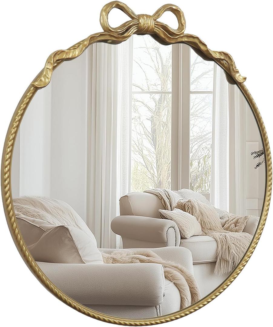 Gold Bow Metal Round Mirror -28inch Elegant Wall-Mounted Vanity Decorative Mirror for Bedroom, Bathroom, Living Room