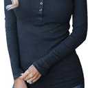 Remikstyt Womens Long Sleeve Henley Shirts Ribbed Button Down Casual Tunic Tops (Large, Navy)