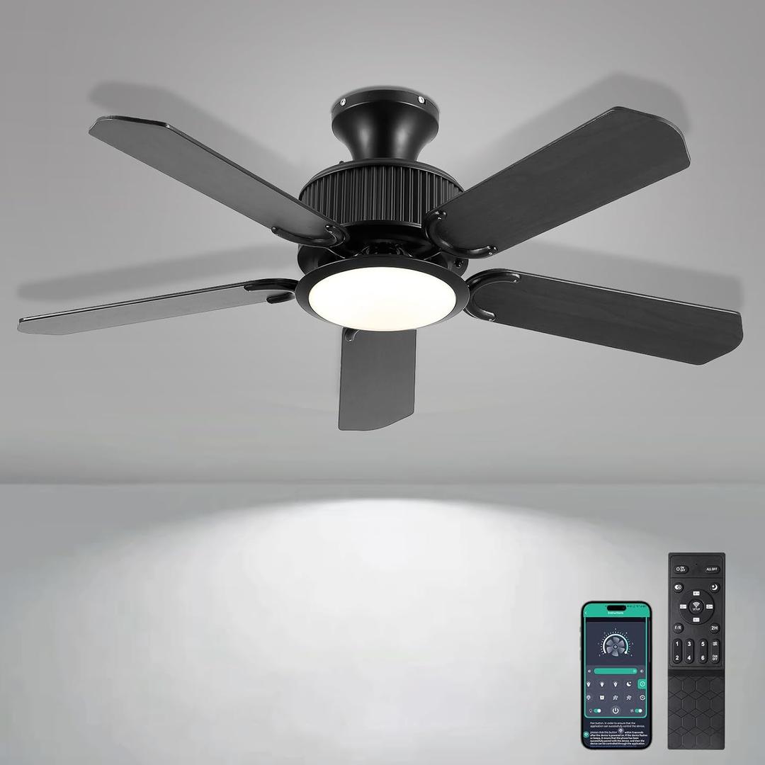 Surtime 44In Flush Mount Ceiling Fans with Lights and APP&Remote Control,Farmhouse Low Profile Ceiling Fan for Indoor/Outdoor,3CCT Dimmable,5 Reversible Double-Sided BladesBlack