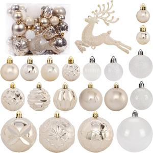 Christmas Tree Ornaments Set, 50 ct Champagne and White Xmas Ornaments Balls for Christmas Tree Decorations Shatterproof Xmas Hanging Ball for Halloween Party Home Decor (Hooks Included)