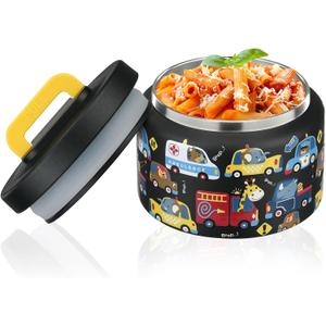 PIQUEBAR 8oz Kids Thermo for Hot Food,Small Lunch Thermo Food Container Stainless Steel,Easy Open Wide Mouth Thermo for Hot Cold Food for Preschool Travel (Black Animal Truck)