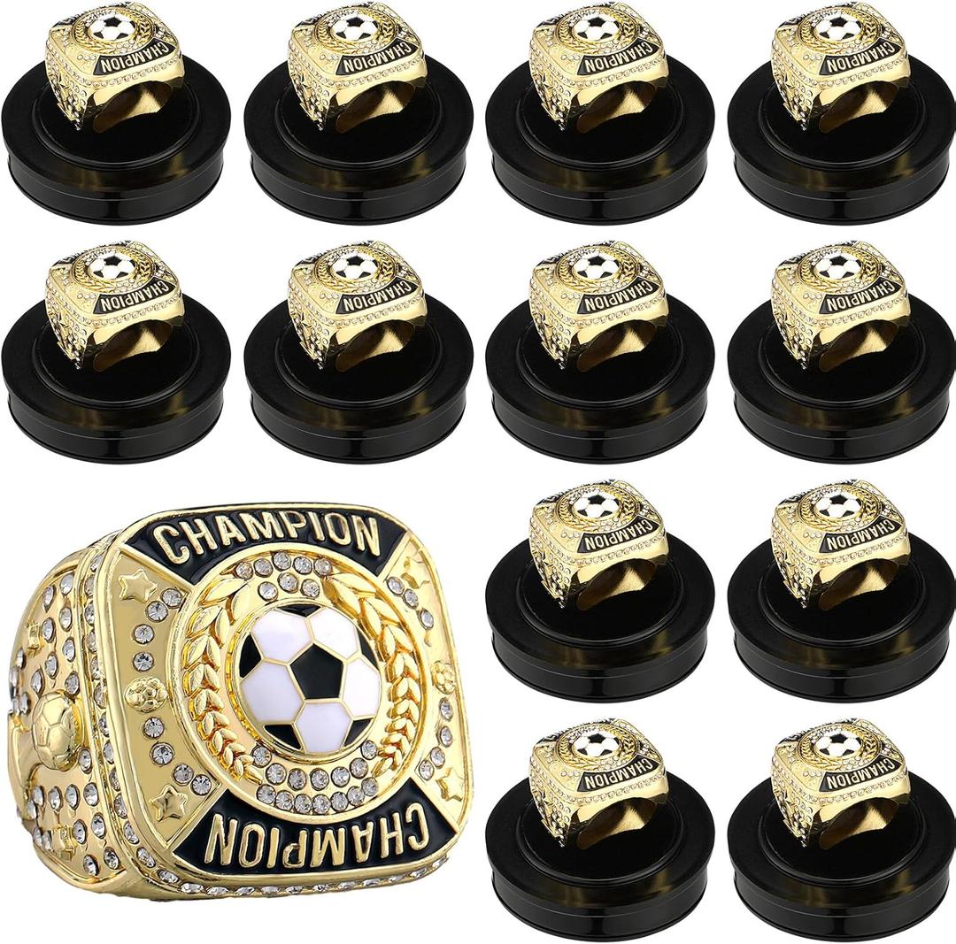 Landical 12 Pcs Soccer Championship Rings Soccer Champion Trophy Rings Sport Ball Award Gift Prize with Display Neck Chain and Stand for Tournament or Champion Winner