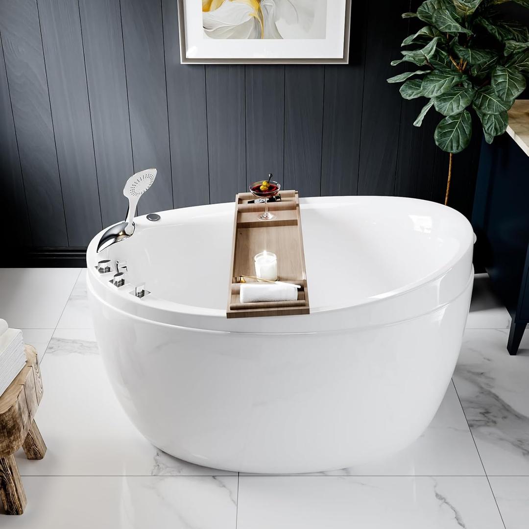 Empava Whirlpool Tub,48 in Freestanding Air Jetted Bathtub, Japanese Soaking Tub with Pre-Molded Seat, 36 Air Jets for Spa-Like Relaxation, Glossy White Luxury Acrylic Design