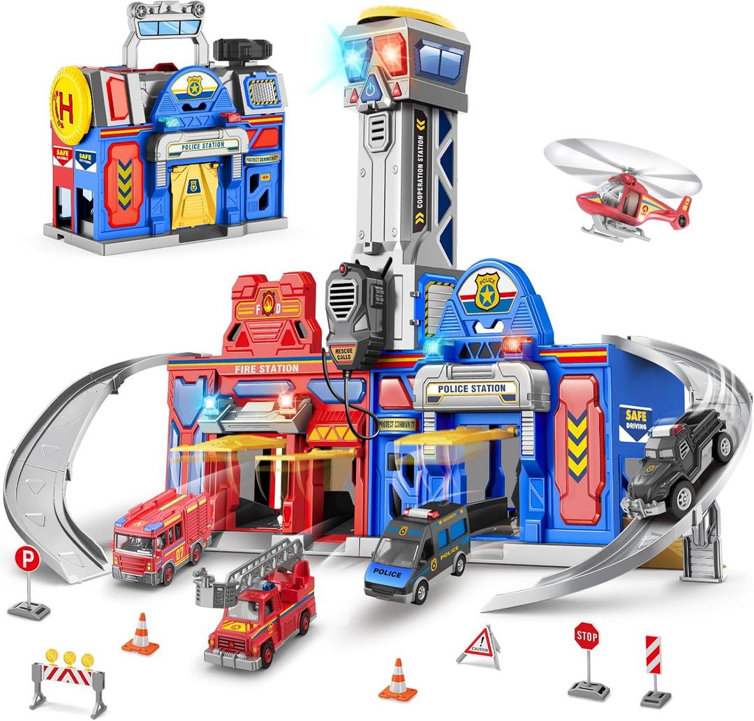 Ochido Boys Toys for 3 4 5 6 Years Old, Large City Action Playset Kit with Lights Sounds, Walkie-Talkie, Foldable Police & Fire Station Transform Track Toy with 4 Cars,Helicopter,7 Accessories