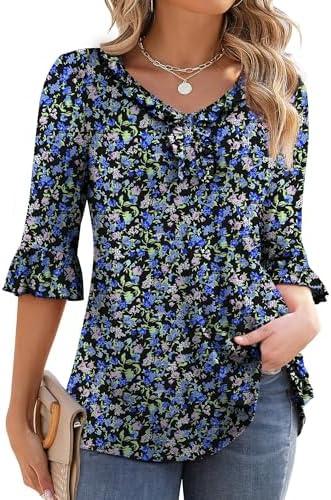 Tralilbee Women's Plus Size Tunic Tops 3/4 Roll Sleeve Shirts Lace Crochet V Neck Casual Blouses, 4X