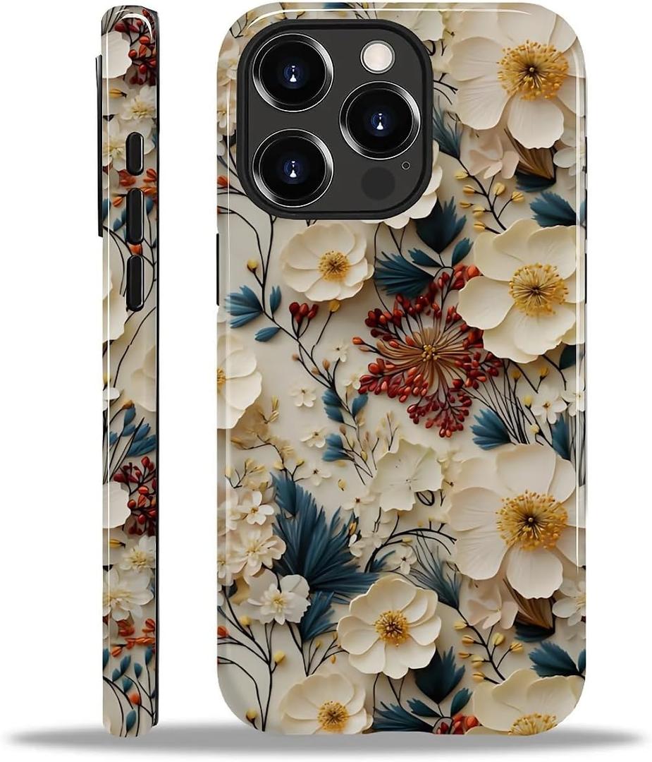 Compatible with iPhone 13 Pro Case - Dual-Layer Protection, Hard Shell with Silicone Interior,Slim Scratch Resistant Shockproof for Woman Men - Boho Floral Flower