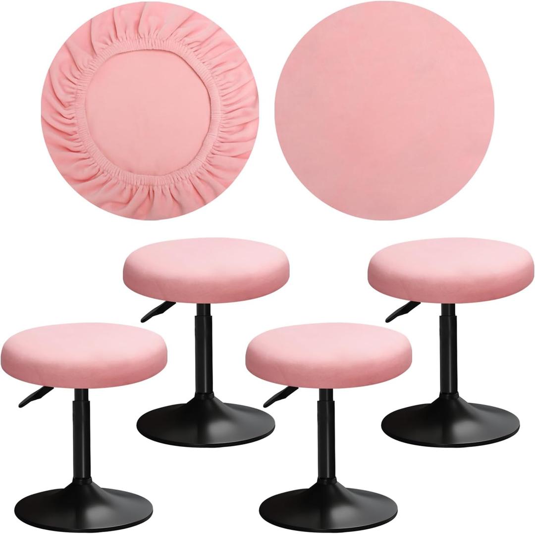 Round Velvet Stool Cover 12-16 inch Bar Stool Seat Covers Round, Wellvery Well Made with Strong Elastic and are Rich Color that Doesn’t Fade, Soft and Comfortable (4, Pink)
