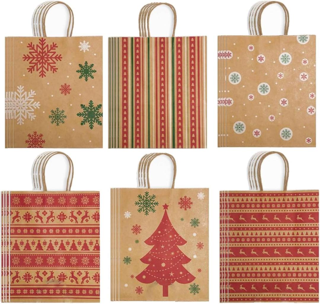 Infanote Christmas Gift Bags With Handles 24 Pcs Kraft Paper Treat Candy Goodie Bags Xmas Bulk Pack for Kids Adults Xmas Theme Party Favor Supplies Holiday Goody Bundle