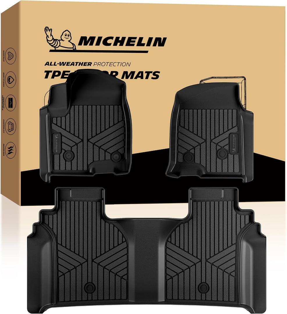 Michelin Vehicle Mats, All-Weather TPE Custom Fit Liner for 2019-2026 Silverado/Sierra 1500 & 2020-2026 2500/3500 Crew Cab Bucket Seat Carpet Floor with Rear Under-Seat Storage, Premier