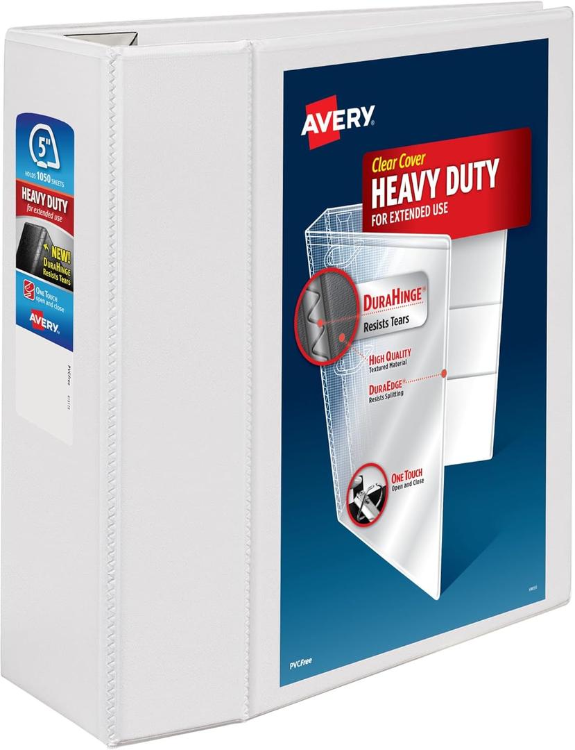 Avery Heavy-Duty View 3 Ring Binder, 5 Inch One Touch EZD Rings, 1,050-Sheet Capacity, 2.3/4.8 Inch Wide Spine, Customizable Clear Cover and Spine, 1 White Binder (79106)