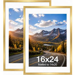 Wood 16x24 Picture Frame with 14x20 Mat Gold, Display 14x20 with Mat or 16x24 Without, Wood 16 by 24 Photo Frame, 16 x 24 Frame for Wall Hanging Display, Gold, 2 Pack