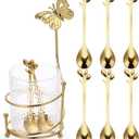 ELLDOO Coffee Spoon Set, Clear Glass Holder with 8 Stainless Steel Gold Leaf Coffee Spoons, Creative Flatware Set for Stirring, Mixing, Sugar, Ice Cream, Cake (8 x Spoons)