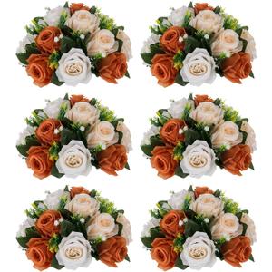 NUPTIO Terracotta Flower Ball Centerpieces: 6 Pcs Artificial Rose Kissing Balls for Wedding Party Tables - Faux Silk Floral Arrangements for Fall Home Thanksgiving Event Dining Decorations (Terracotta & Champagne & Creamy White)