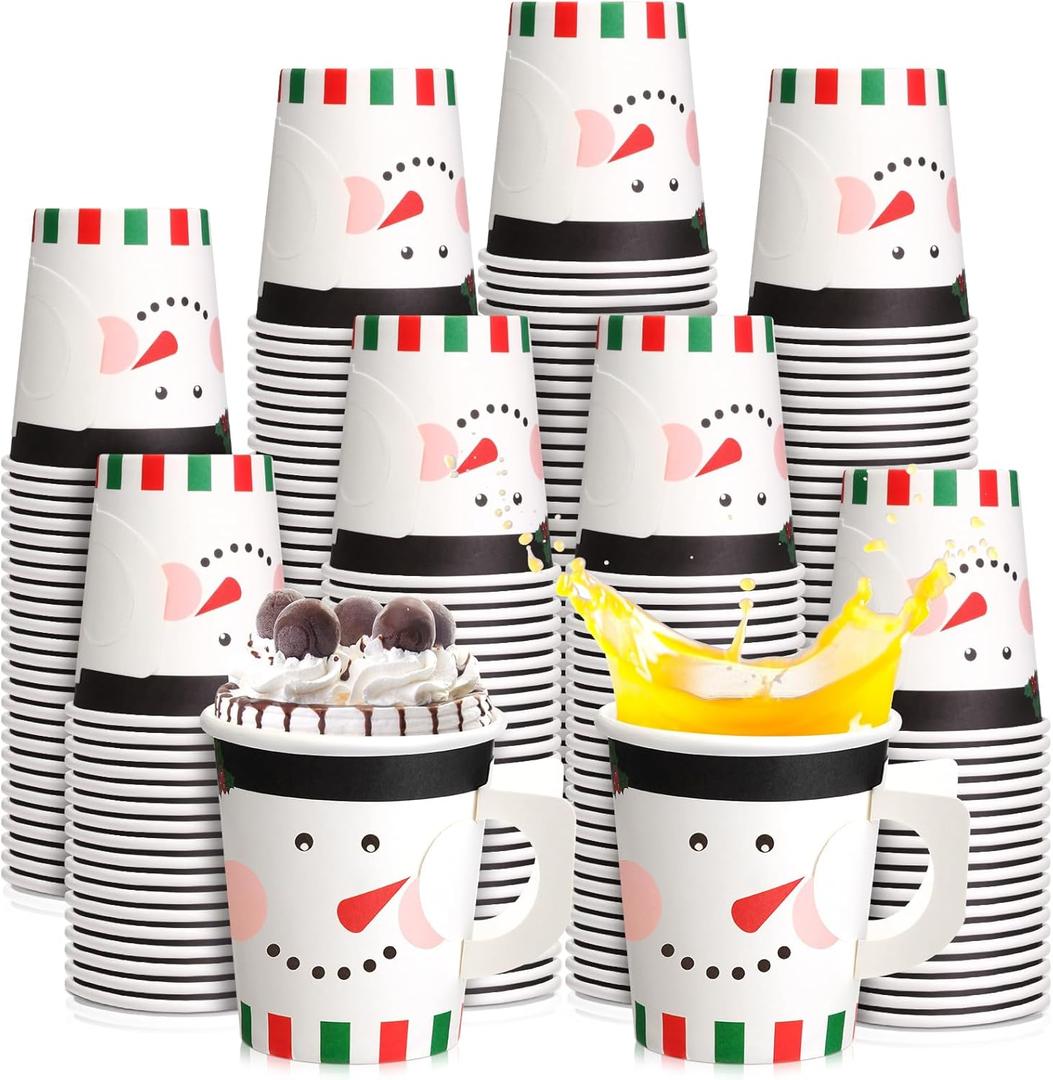 Maxcheck 100 Pieces Christmas Paper Cups with Handle 7 oz Holiday Disposable Cups Drinking Hot Chocolate Coffee Cup for Xmas Daily Use Bar Accessories Party Decoration (Snowman)