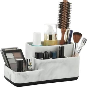 ZCCZ Toothbrush Holder Organizer - Multi-Functional Bathroom Storage for Makeup, Skincare, and Accessories - White Marble Look Countertop Organizer for Sink and Vanity Spaces