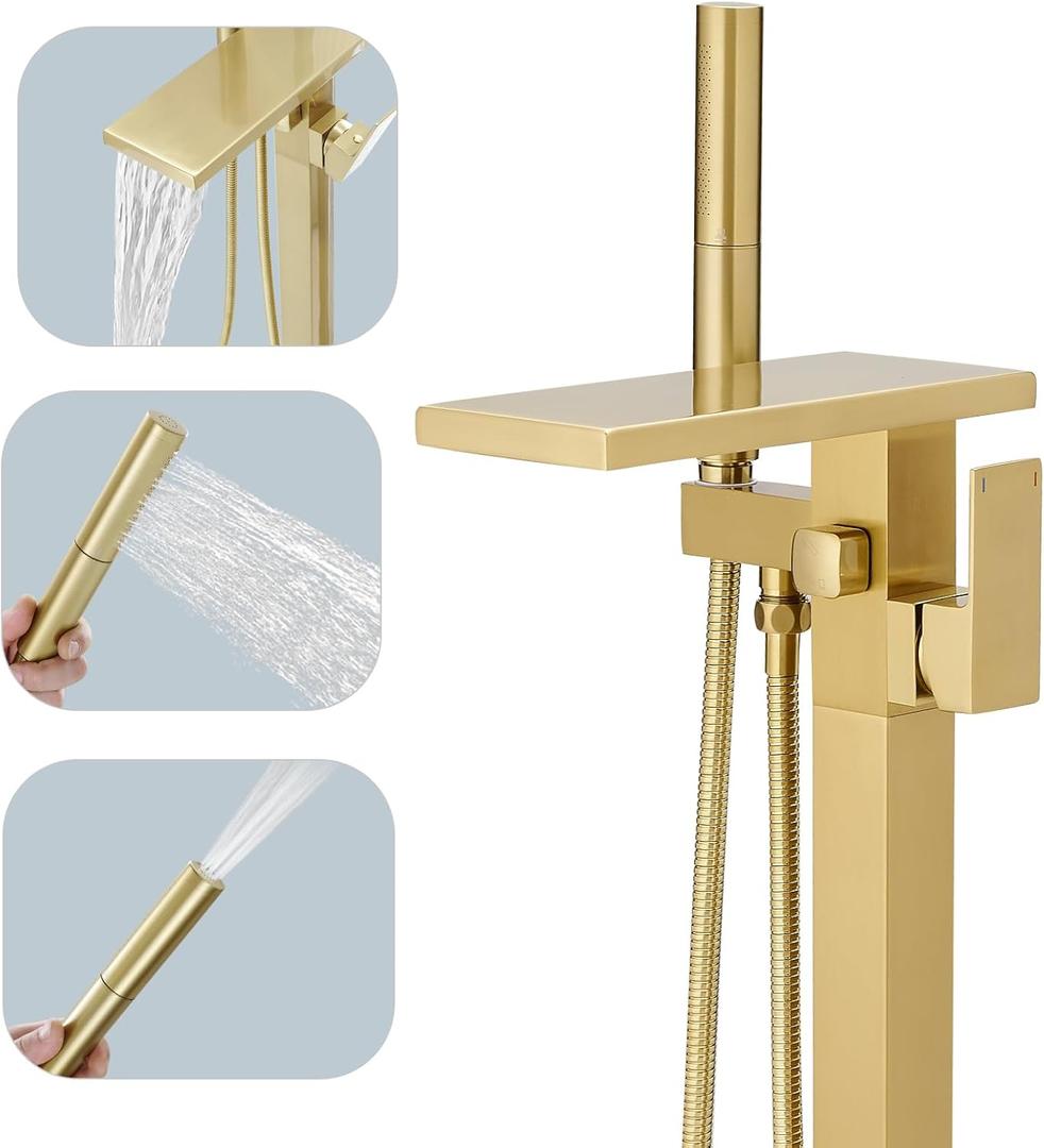 Hoimpro Tub Filler Freestanding Bathtub Faucet Brushed Gold Floor Mount Tub Faucet Waterfall Bathtub Filler with CUPC Certified High Flow Brass Bath Shower Faucets with Handheld Sprayer